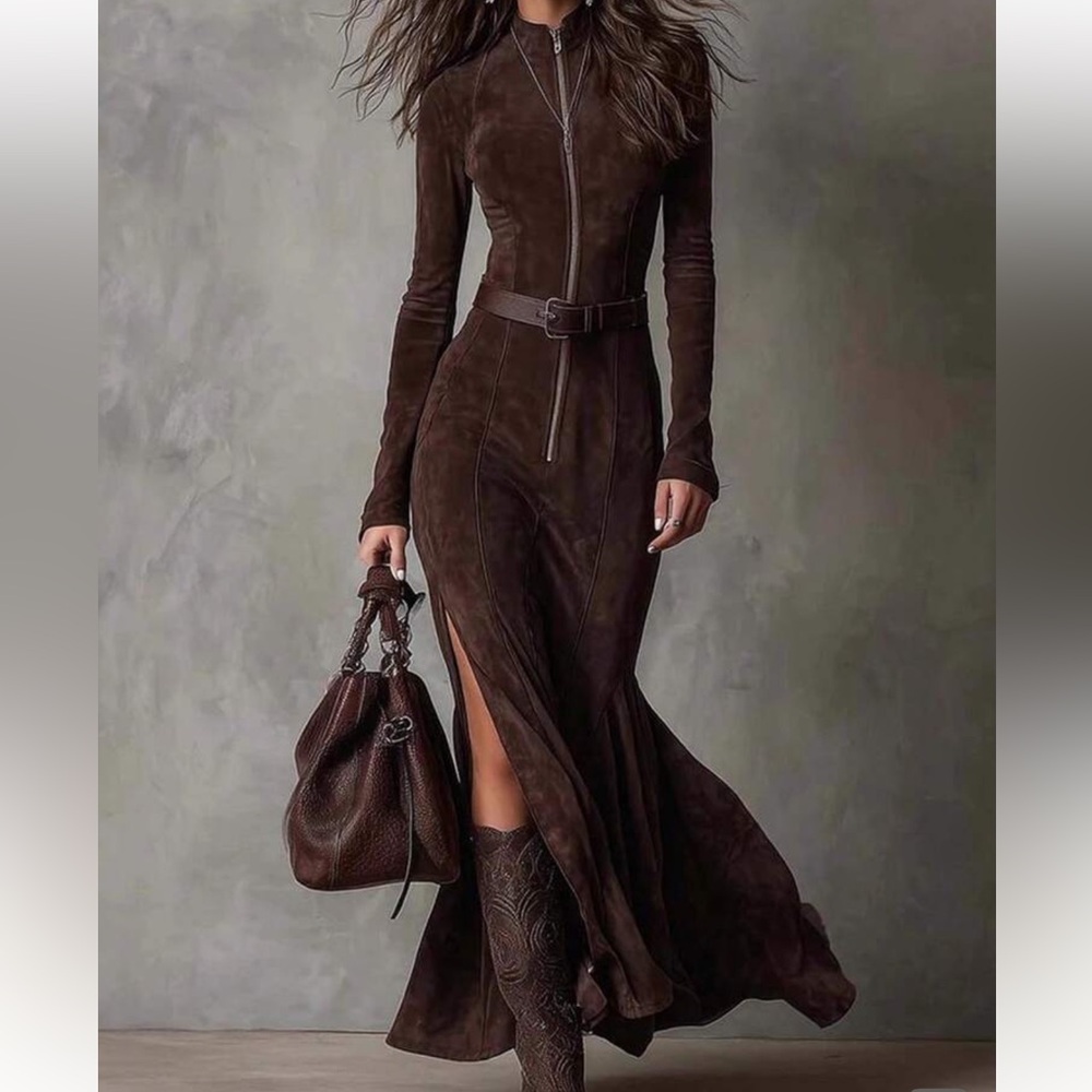 Elegant Brown Maxi Dress with Belt
